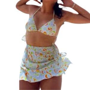 NWT Cabana Del Sol Light Blue Paisley Triangle Bikini Top & Tie-Waist Skirt Set